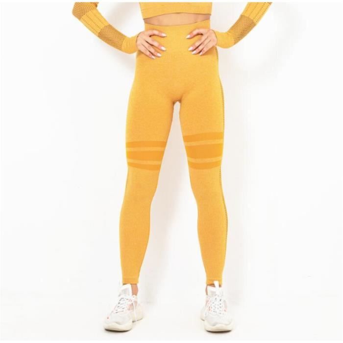 Femmes Legging de Sport Jogging Yoga Fitness Gym Pantalon Longue Pilates Slim Collant Extensible Jaune M