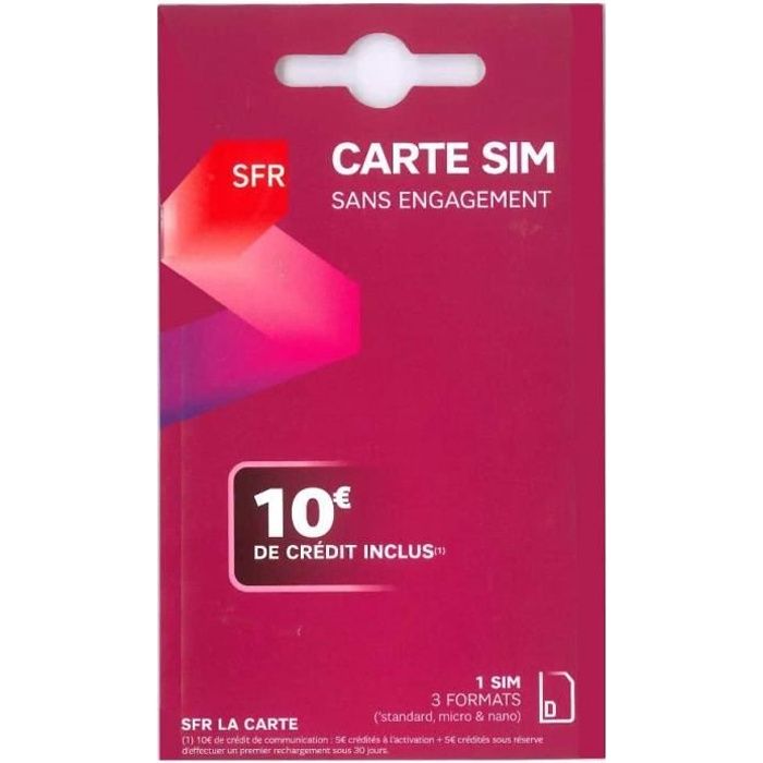 Carte sim prépayée sfr 4G 10€ de crédit inclus sans abonnement ni engagement