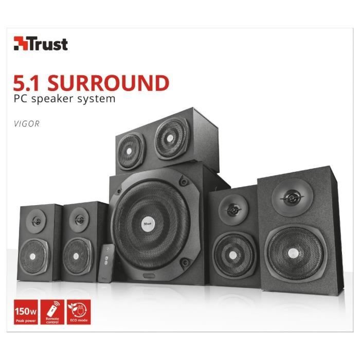 Trust Vigor Enceinte PC 5.1 avec Caisson de Basses pour Ordinateur (150 Watt) - Bois Noir