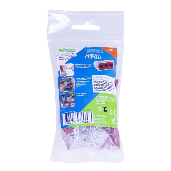 WAGO Sachet de 10 bornes 3 entrées Ø 2,5 mm² Série 2273