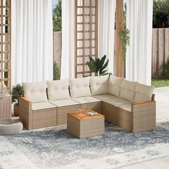vidaXL Salon de jardin avec coussins 7 pcs beige résine tressée 3226009