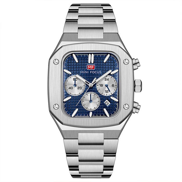 Montre homme quartz cadran rectangulaire bleue argent élégant cool classique multifonction chronographes affichage du calendrier
