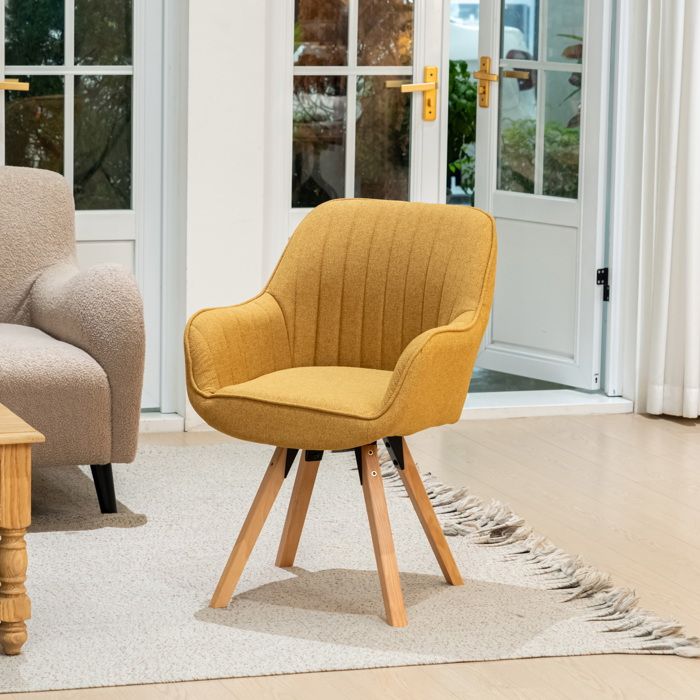 MEUBLES COSY Fauteuil Rotatif Tissu Jaune et Pied en Bois de HêtreStyle ScandinavePour SalonChambreSalle à mangerBalcony
