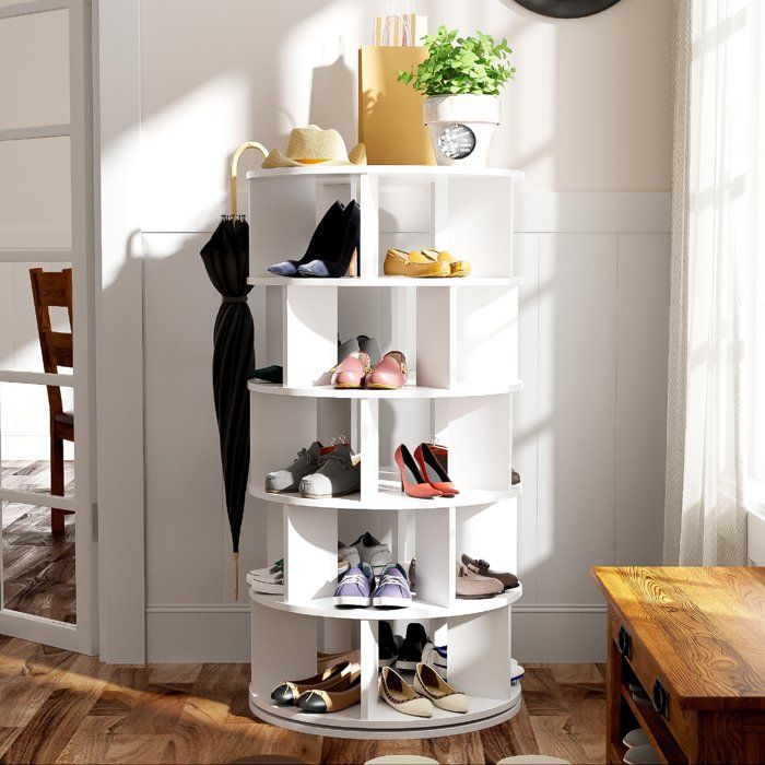 Etagère à chaussures - Rotative 5 niveaux - 25 paires - Base ronde blanche - Hauteur 115 cm