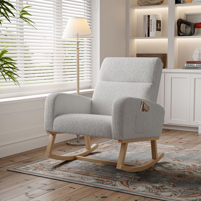 Fauteuil à Bascule Scandinave En Tissu Peluche - Charge 120 Kg, Accoudoirs, Pour Salon Ou Chambre
