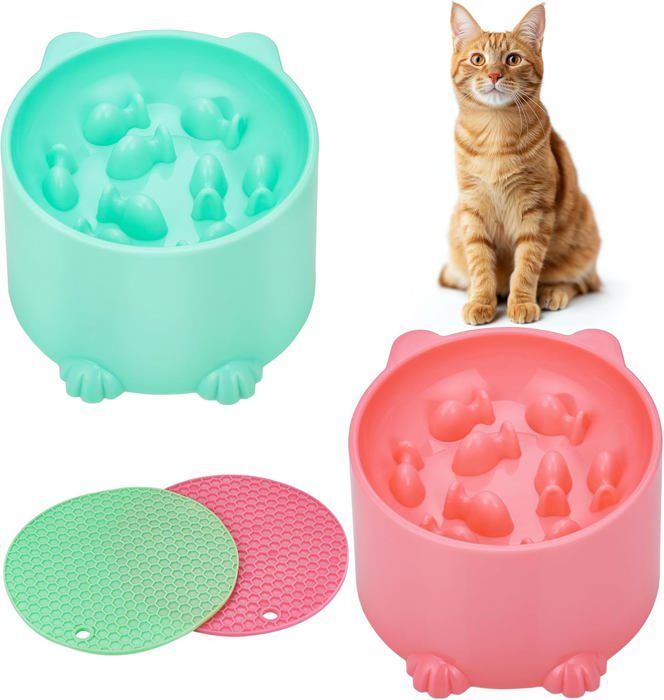 Comparer les prix de 2Pcs Gamelle Anti Glouton Chat, Gamelle Chat Surélevée Facile à Nettoyer, Bol Chat Anti Vomissement, Gamelle avec Tapis