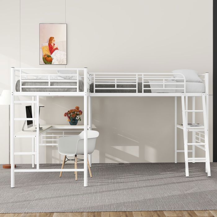 Lit mezzanine avec bureau lit mezzanine 2 plasces lit mezzanine 90x200 cm double escalier cadre de lit en métal blanc