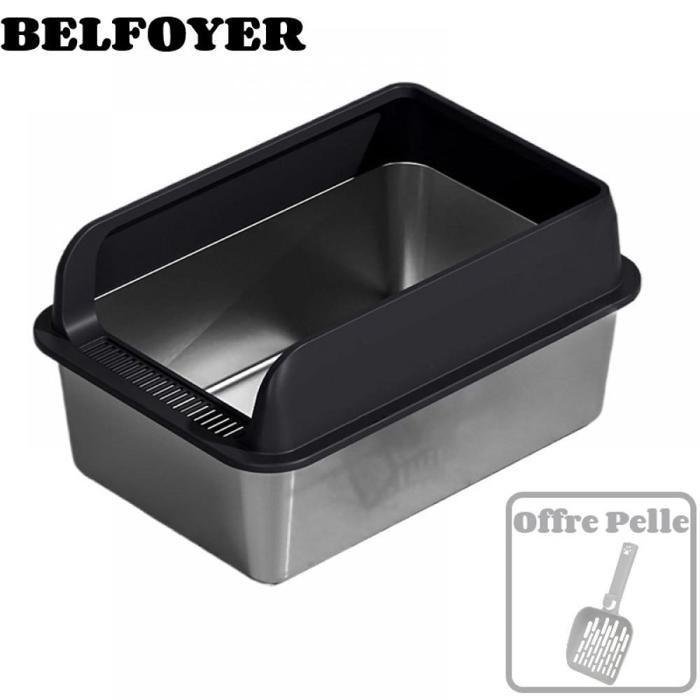 Meilleurs prix pour Bac à Litière Semi-Ouvert Inox - BELFOYER - Grande ouverture en U - Côtés hauts - avec pelle - 60 x 42 x 32 cm - Noir