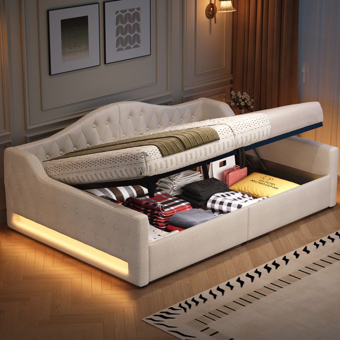 Canapé-lit capitonné 140x200cm - avec bande lumineuse LED - rangement - avec sommier à lattes - beige
