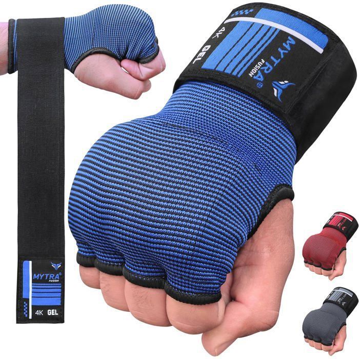 Sous Gants Boxe Mytra Fusion 4K – Rembourrage Gel Avec Dragonnes 80 cm – Protection Mains & Poignets - Bleu/Noir