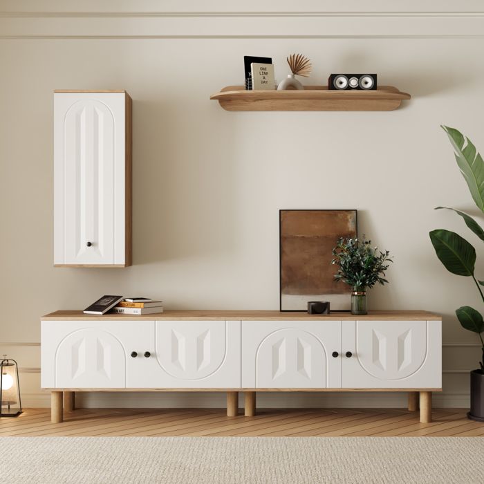 Ensemble Meuble TV 3 Pièces - MODERNLUXE - Meuble TV + vitrine + étagère mural - 5 portes - Blanc+naturel Ensemble Meuble TV 3 Pièces - MODERNLUXE - Meuble TV + vitrine + étagère mural - 5 portes - Blanc+naturel