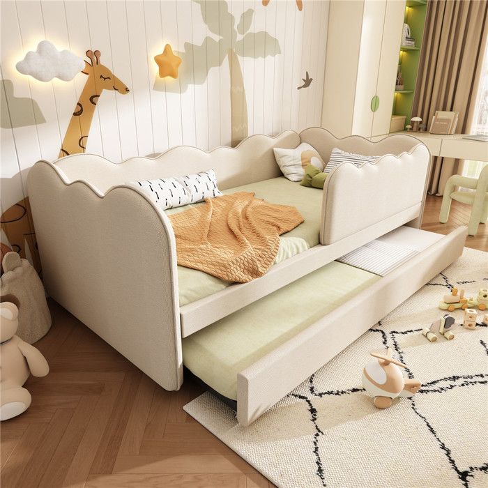 Lit gigogne enfan 90x190 avec 2 sommier beige lin lit une personne avec rembourrée detachable guardrai banquette pour adolescent