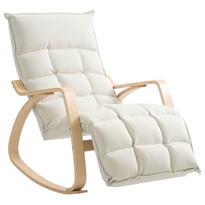 Fauteuil à bascule - HOMCOM - repose-pieds ajustable - pieds en bois de bouleau - tissu en lin - 67 x 106-123 x 92 cm crème