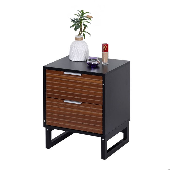 Table de chevet Relaxdays avec 2 tiroirs H x L x P 50x40x33 cm bois pieds en bambou meuble de nuit marron/noir