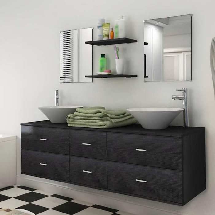 Mobilier de salle de bain - vidaXL - 7 pcs - Noir - Double vasque - Suspendu