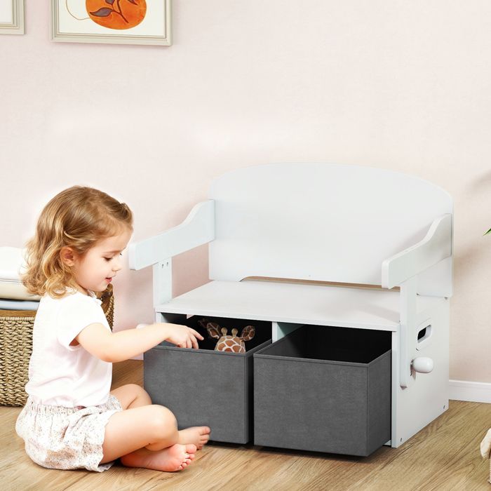 Coffre à jouet enfant 3 en 1 ensemble table et chaises avec 2 bacs en tissu amovibles 675 x 465 x 567 cm blanc