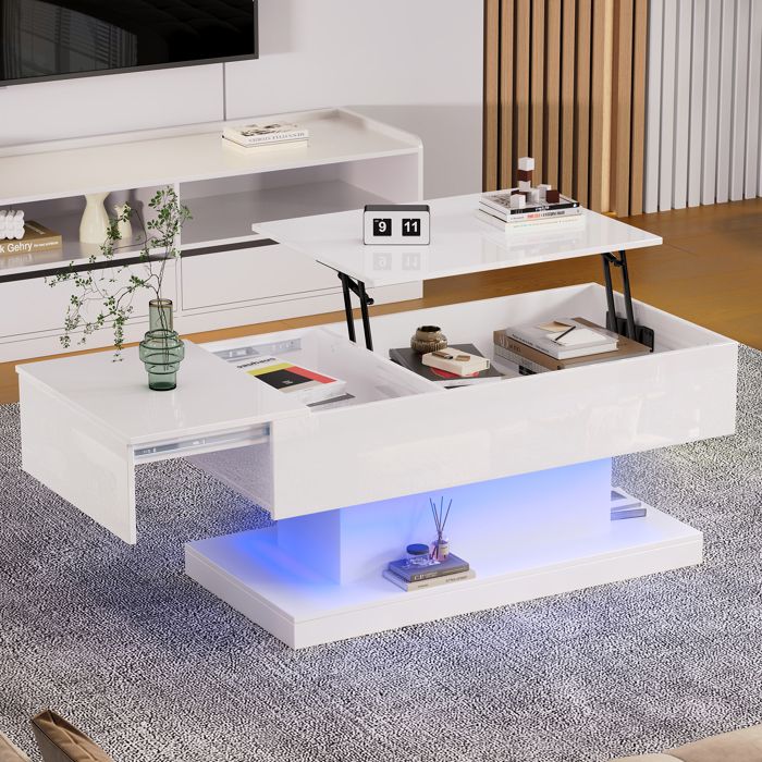 Table basse salon relevable 100x50x45 cm avec éclairage LED Table de salon avec levage hydraulique et espace de rangement Blanc