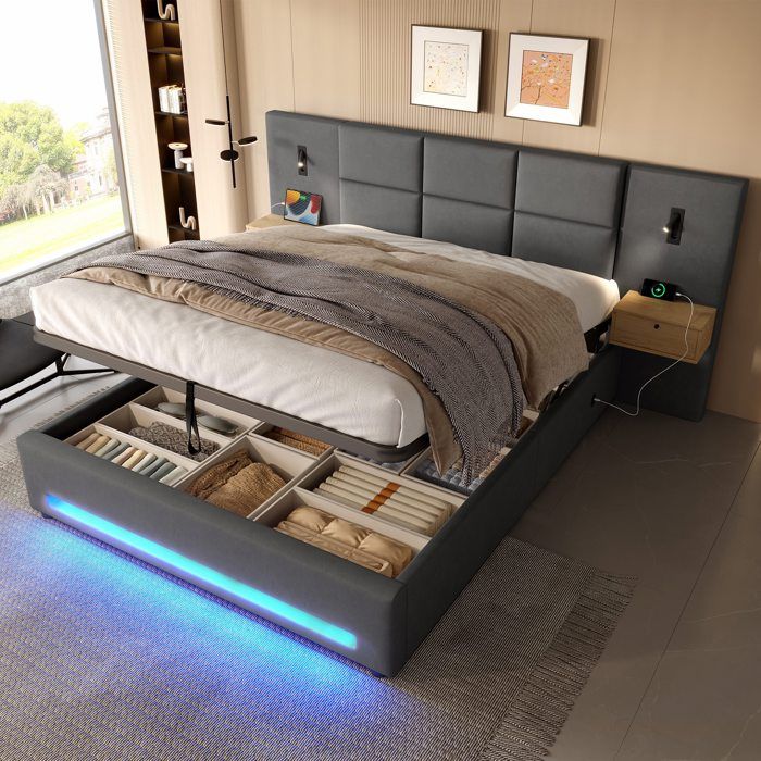 Lit coffre hydraulique 180×200 cm Lit rembourré double en velours avec veilleuses table de chevet tiroir ports USB bande LED - gris