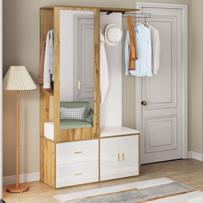 Meuble d’entrée - Ensemble de vestiaire - Miroir intégré - Tringle extensible - 100x38x180 cm