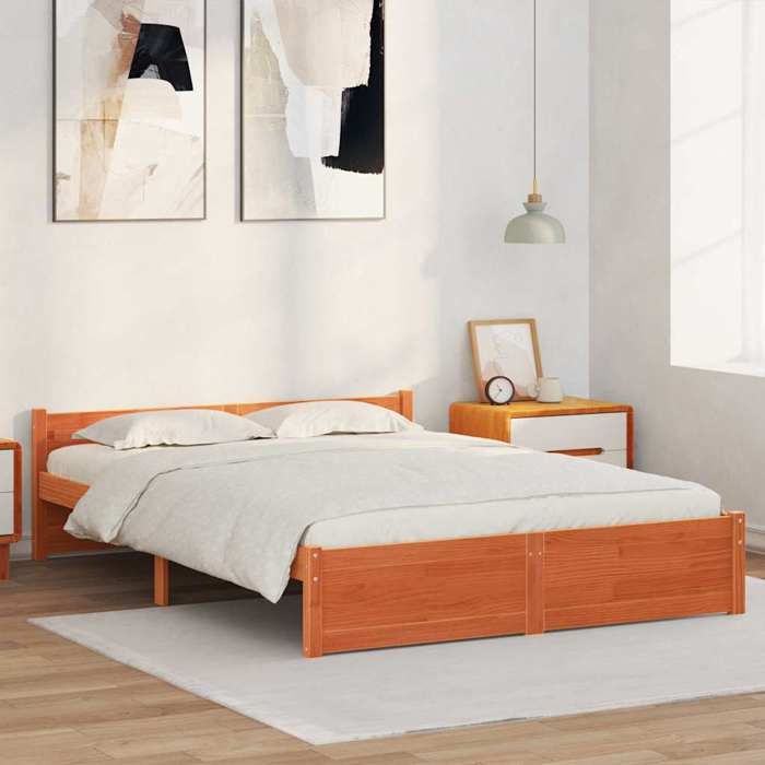 Cadre de lit en pin massif - UU - Brun cire - 205.5x95.5x51 cm - Lit double japonais - Poids maximal 200 kg