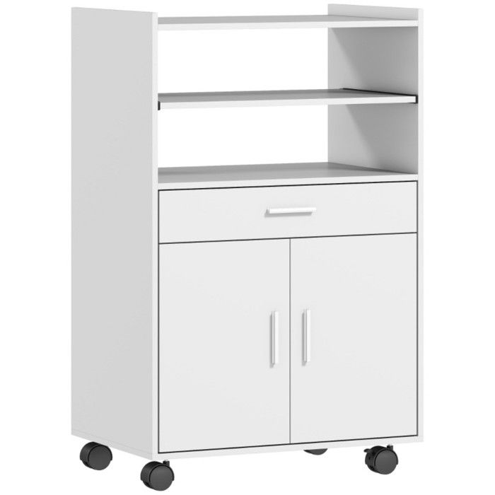 Desserte Billot Blanc 59x40x92cm avec Desserte Double Porte Tiroir Étageres et Roulettes pour Rangement Cuisine Moderne