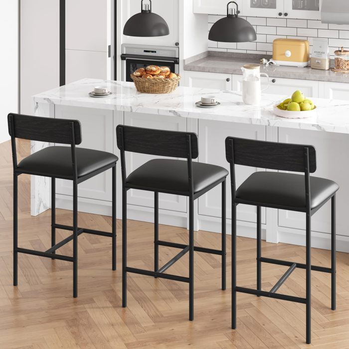 Garvee Ensemble 2 Tabourets de Bar avec Dossier et Repose-pieds Rembourrés pour Îlot de Cuisine ou Salle à Manger Noirs