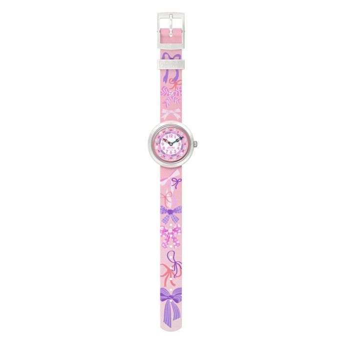 Montre - FLIK FLAK - Pick A Bow - Boîtier blanc 31 85 mm - Bracelet rose noeuds scintillants - Mouvement quartz suisse