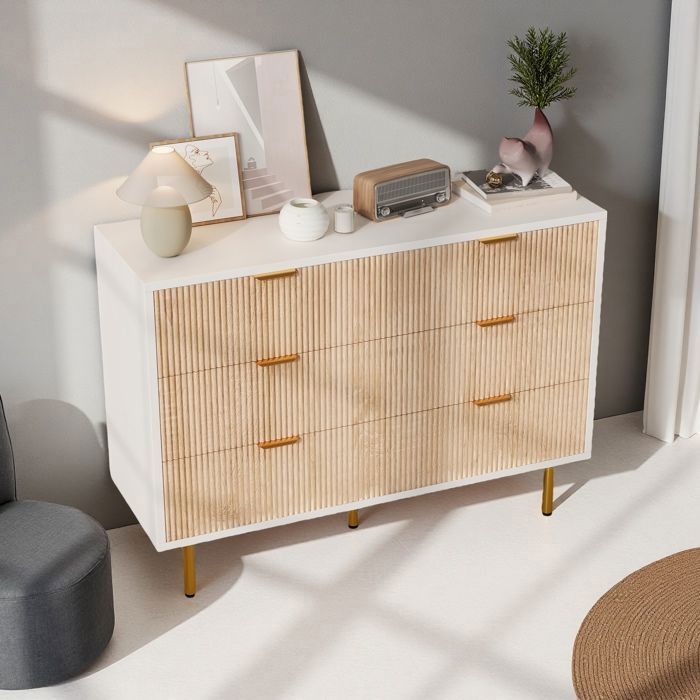 Commode - 6 tiroirs - Bicolore blanc et bois clair - Tiroirs profonds veinés - Poignées et pieds dorés