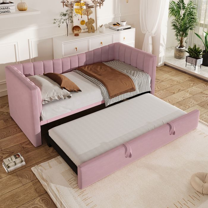 Lit enfant 2 places 90x200 cm. lit banquette convertible avec lit gigogne. style minimaliste. sans matelas. velours rose