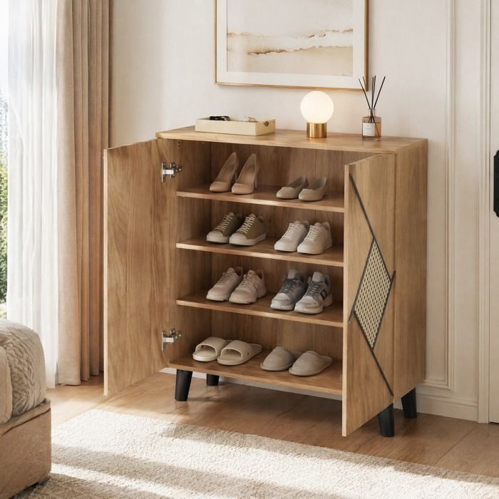 Meuble à chaussures à portes fermées motif rotin décoratif - ELVMI - en panneaux de particules Marron 80 × 32 × 91 cm