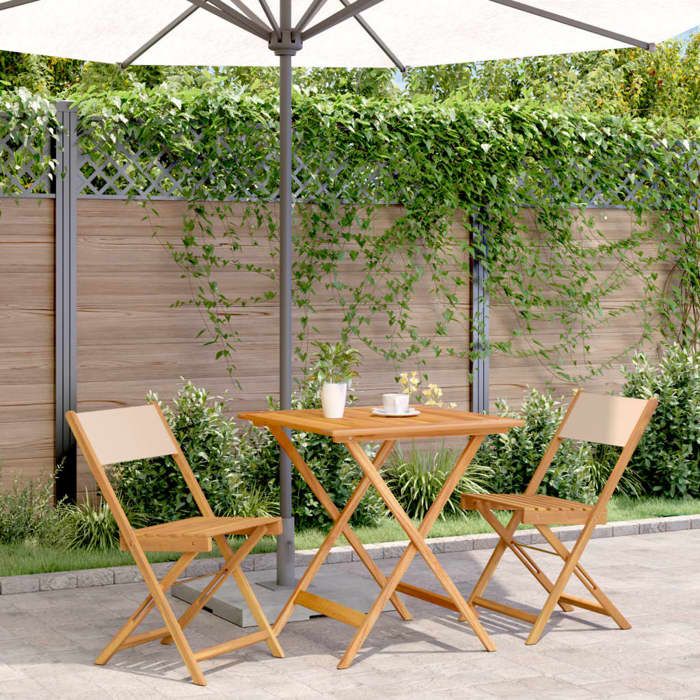 NEW 2026 Set de Table Bistro - lot de 3 - pour Balcon Terrasse -beige tissu et bois massif 70x70x75 cm S279