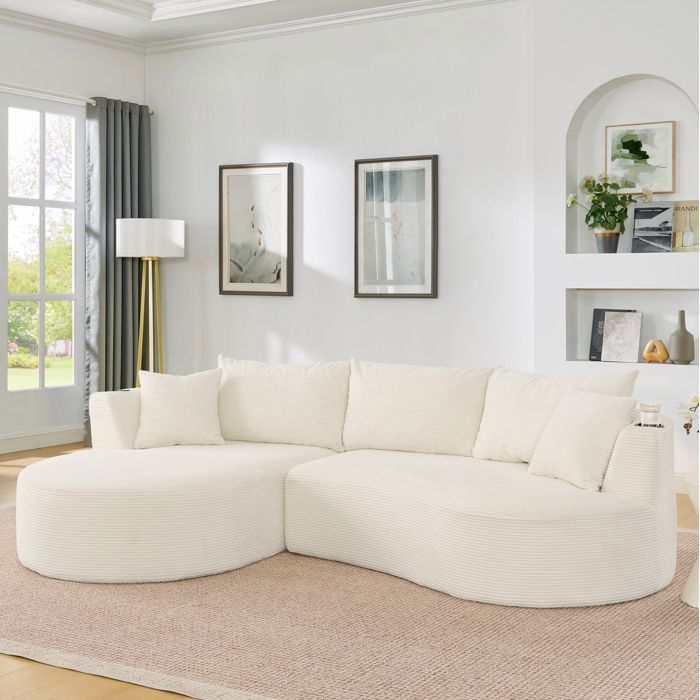 Canapé 3 places beige design arrondi porte-gobelets coussins tissu côtelé doux