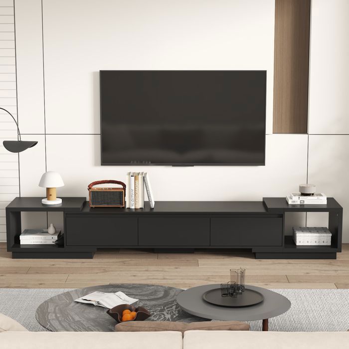 Meuble TV Extensible 166-270 cm avec 3 tiroirs et 2 compartiments Meuble Bas avec aspect du bois Salon Noir
