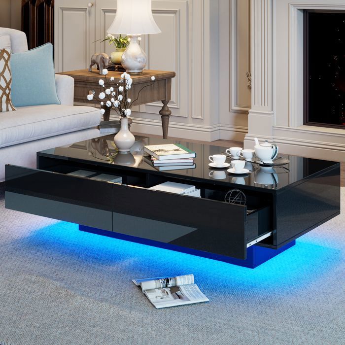 Table Basse Moderne - Noir Haute Brillance - avec 2 Tiroirs et Éclairage LED - Table Appoint Café pour Salon 115 x 55 x 34 cm