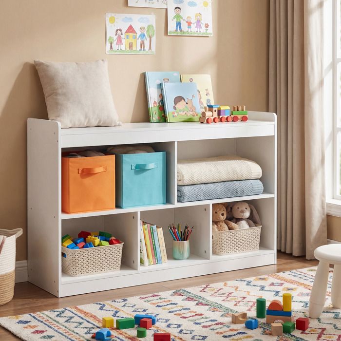 Petit Meuble De Rangement pour Enfant Montessori à 5 Compartiments Ouverts pour Jouets et Livres Blanc
