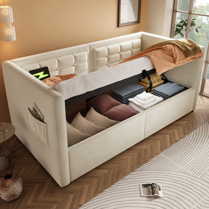 Lit coffre hydraulique 1 place avec station de charge USB Type-C sommier à lattes - TCQPZ - velours beige 90×200 cm