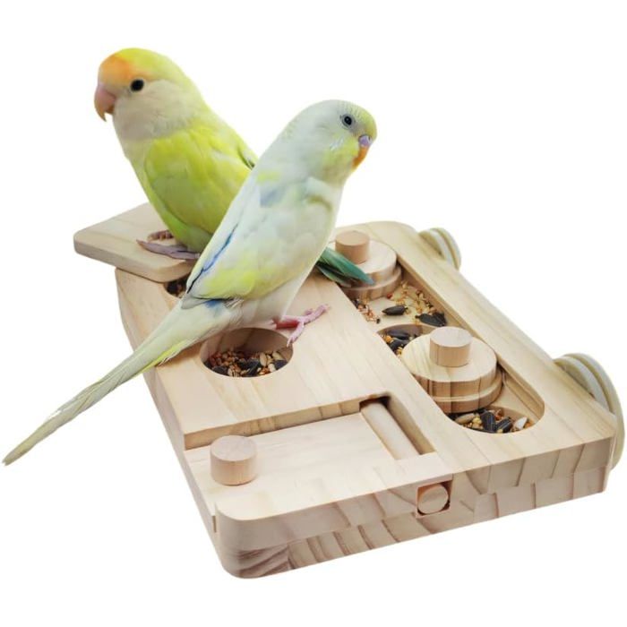Jeu de Recherche de Nourriture pour Oiseaux Perchoir Suspendu pour Perroquets avec Plusieurs Trous et Couvercle Coulissant