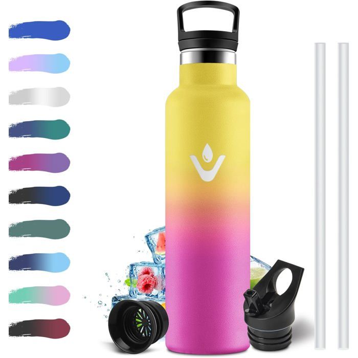 Gourde Inox 750ml Bouteille deau en Acier Inoxydable Gourde Sport avec en Paille sans BPA Anti Fuite et Bouteille Isotherme