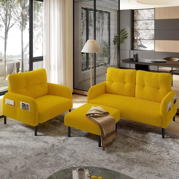 Set canapé 3 pièces - KOMHTOM - 2 places + fauteuil + pouf - Velours côtelé - Dossier moelleux - Jaune Set canapé 3 pièces - KOMHTOM - 2 places + fauteuil + pouf - Velours côtelé - Dossier moelleux - Jaune