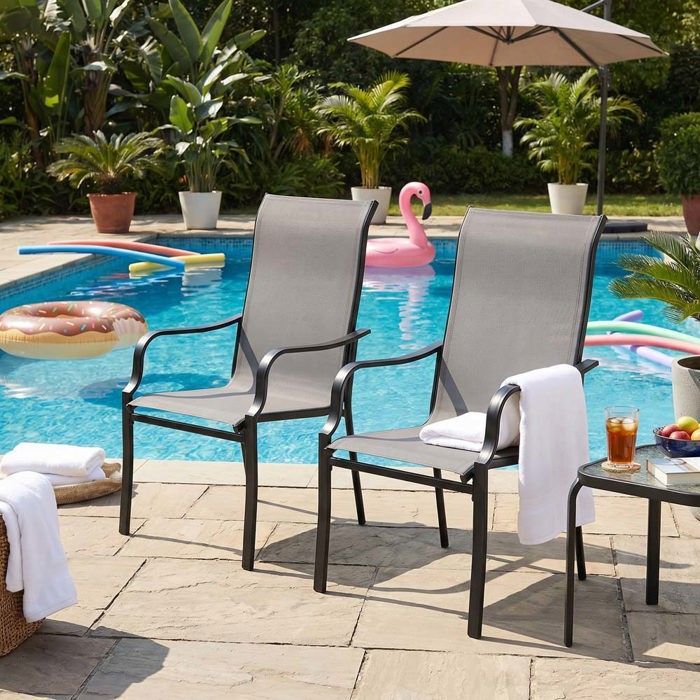 Lot de 2 chaises de jardin - Dossier haut - Structure métal - Tissu maillé respirant - Charge 150 kg Lot de 2 chaises de jardin - Dossier haut - Structure métal - Tissu maillé respirant - Charge 150 kg