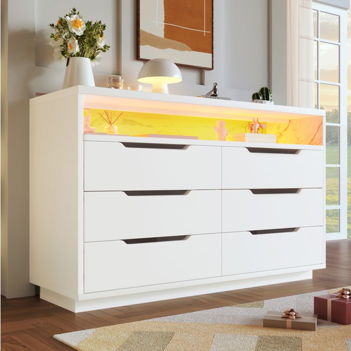 Buffet de cuisine - éclairage LED - 6 tiroirs - compartiment de rangement effet marbre - 120 x 40 x 85 cm - blanc
