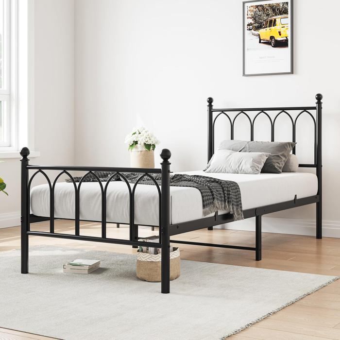 Lit simple SENVIRO – tête et pied hauts esprit vintage – 90 x 200 cm – noir