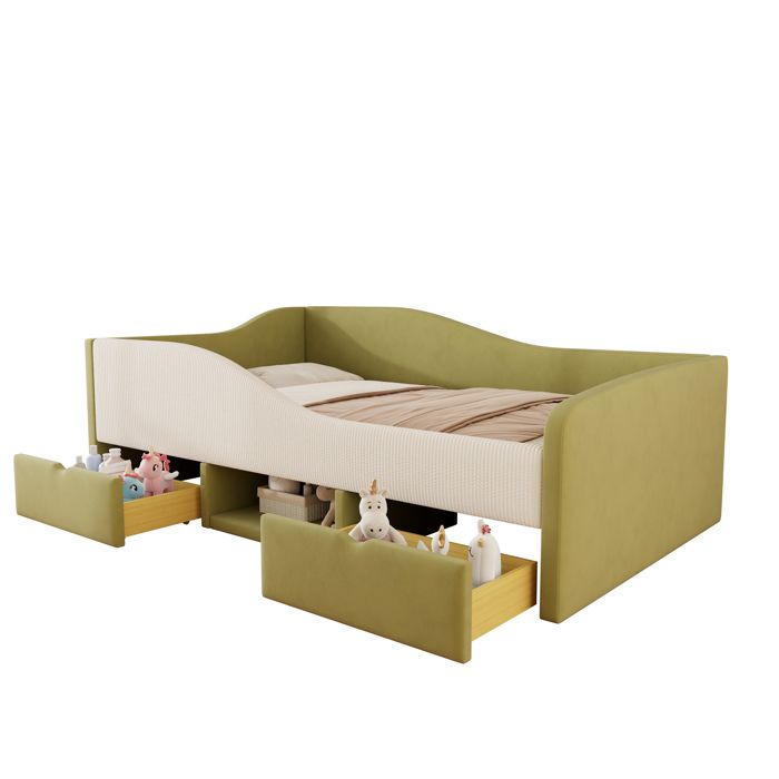 Lit banquette multifonction 90x190 velours avec deux tiroirs et barrières sans matelas vert foncé/crème