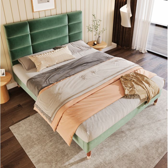 WOVREO lit double rembourré 140x200 cm en velours vert foncé avec tête de lit et sommier à lattes inclus