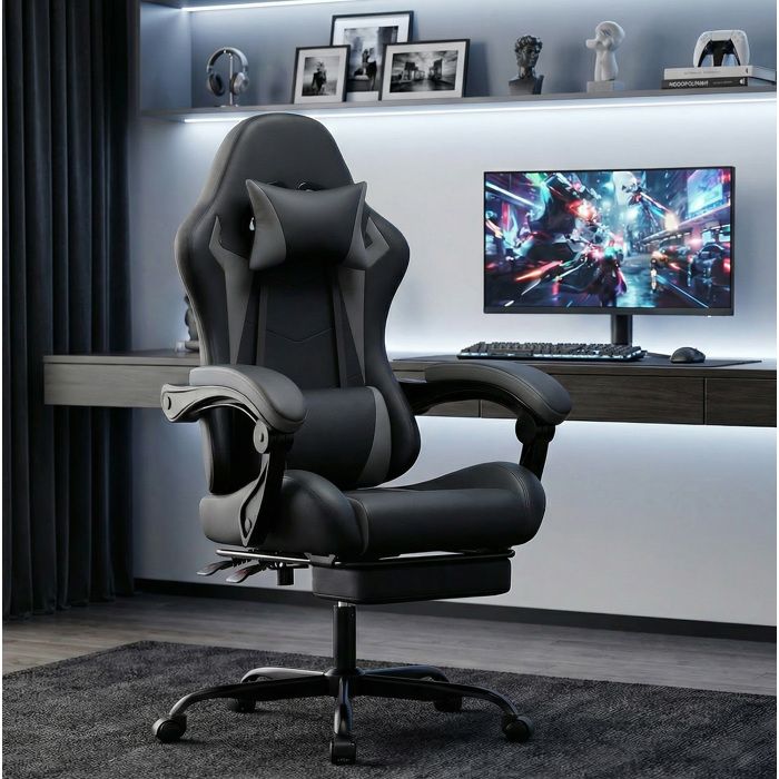 WUVRIE Chaise gaming ergonomique noir et gris hauteur réglable dossier 90°-135° repose-pieds