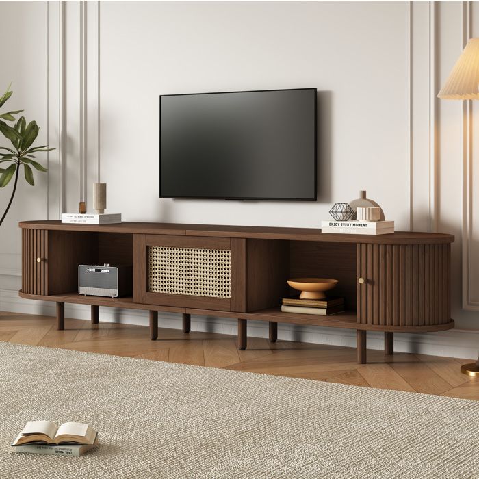 Meuble TV ovale 180 cm en MDF décor rotin noyer foncé 1 tiroir 2 portes coulissantes