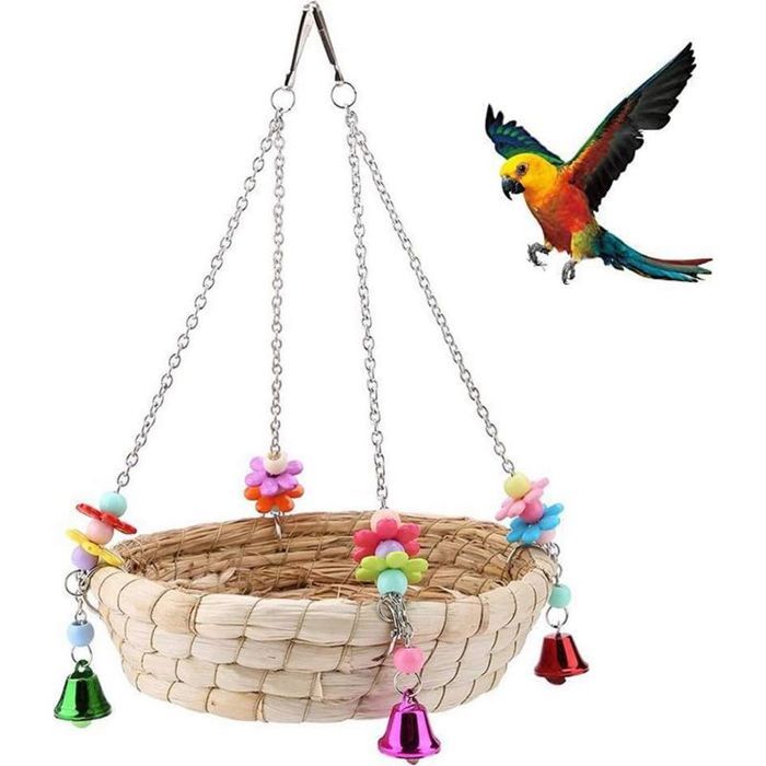 Nid dOiseau de Perroquet Balançoire de Lit de Nid de Paille Tissée à la Main Naturelle avec 4 Cloches en Métal Balançoire pour