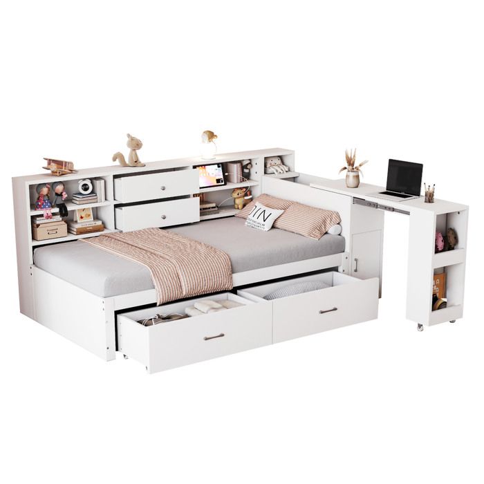 ELVORIN lit combiné 1 place 90 x 200 cm bureau coulissant rangements intégrés 2 tiroirs 2 ports USB et 1 prise ronde blanc