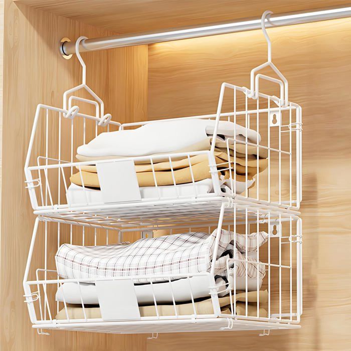 Étagère De Penderie Suspendue À 2 Niveaux Rangement Suspendu Pliable Paniers De Rangement Organisateur De Rangement Suspendu Peu