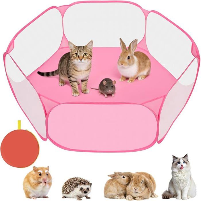Parc pour Petits Animaux Enclos Pliable Tente avec Fermeture Écir Cage Portable Respirante Transparente Enclos Rose